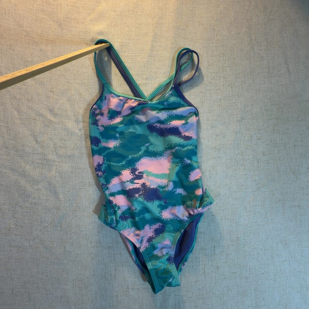 Under Armour Swimsuit Cross-Back Teal Camo Girls Size 8